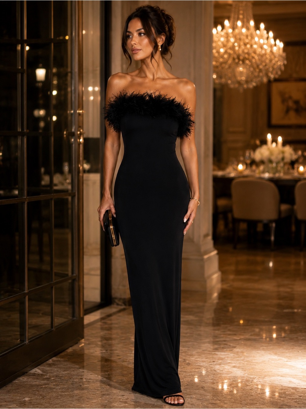 Jessica McClintock Gunne Sax Strapless Feather-Trim Black Evening Gown Size 7/8